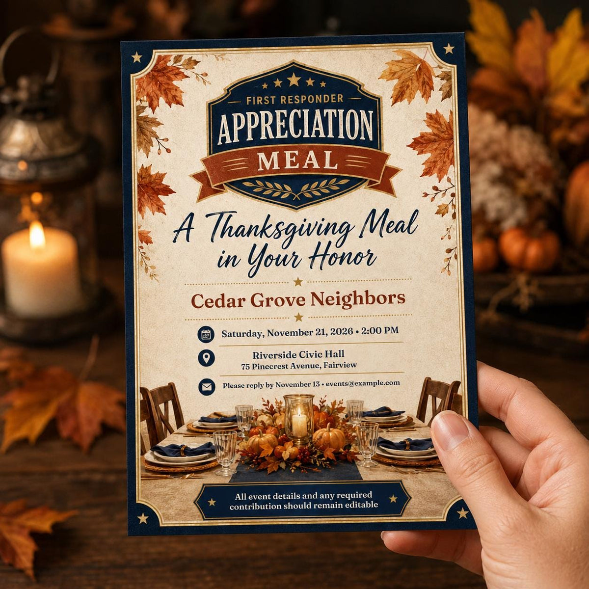 First Responder Appreciation Dinner Invitation — print-ready Thanksgiving gathering design from VoltBy