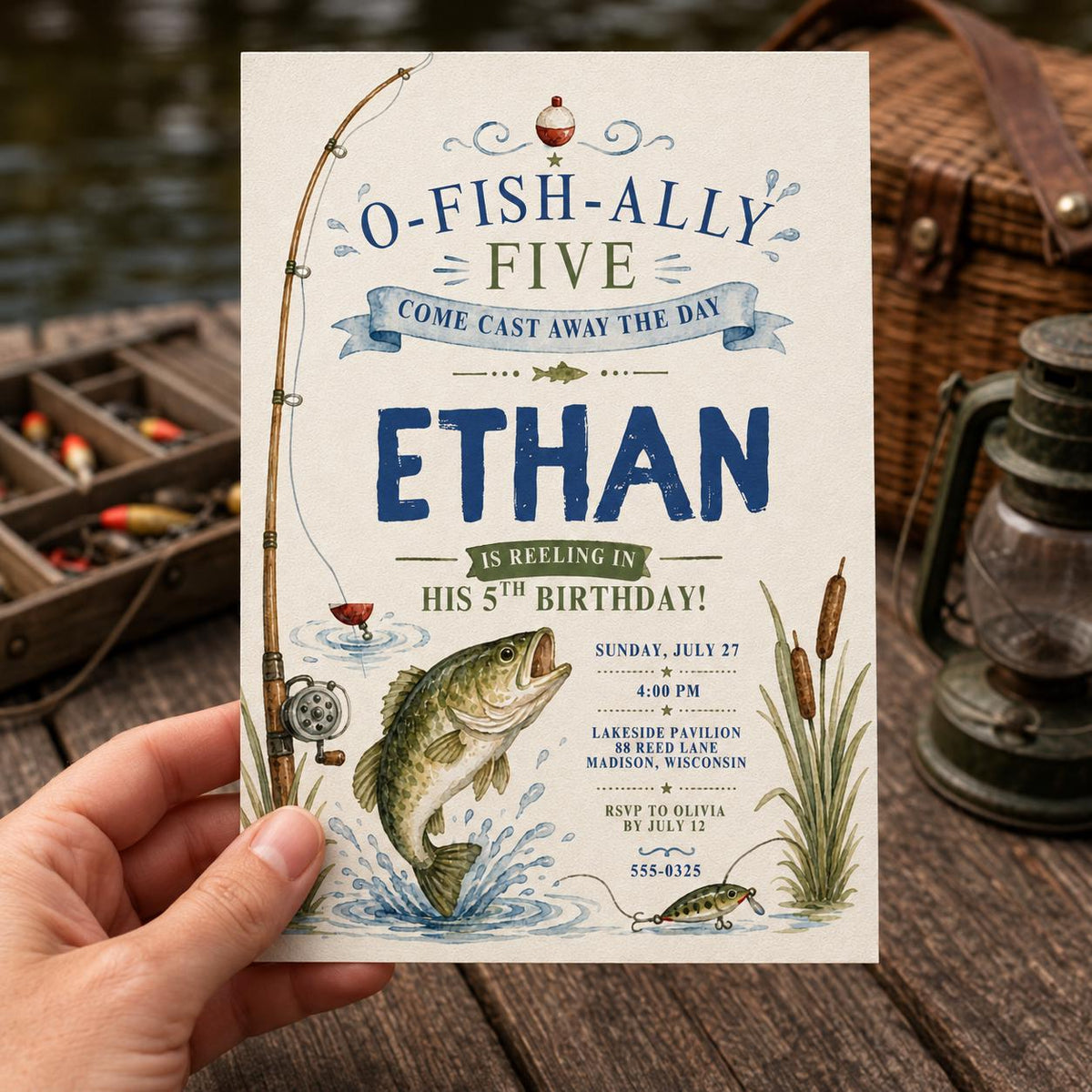 Fishing 5th Birthday Invitation for Boys — print-ready 5th birthday party design from VoltBy