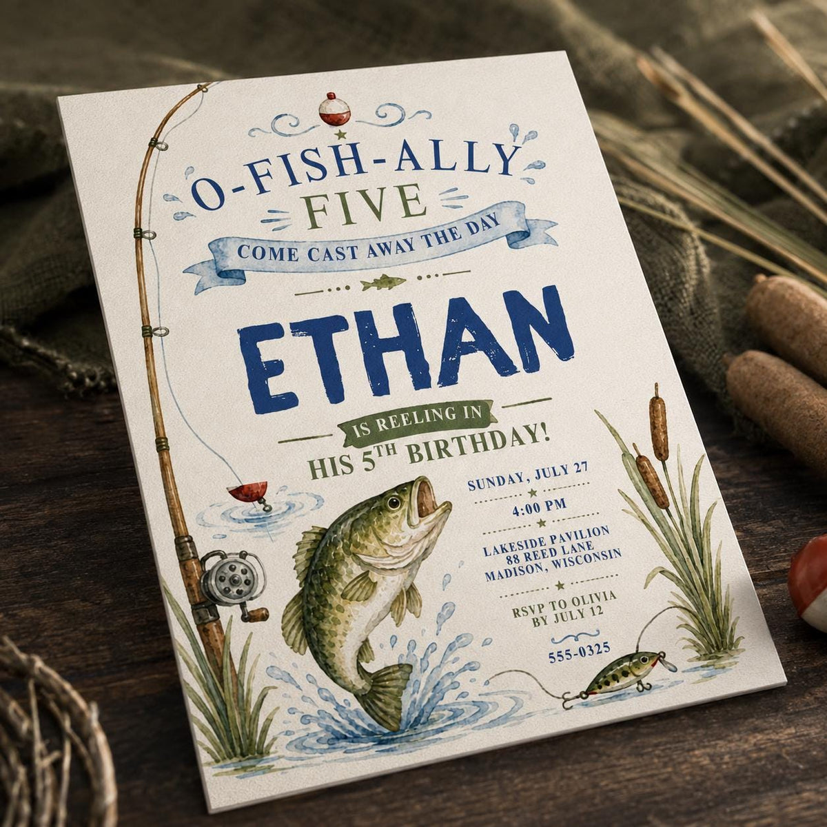 Fishing 5th Birthday Invitation for Boys — 5th birthday party stationery by VoltBy