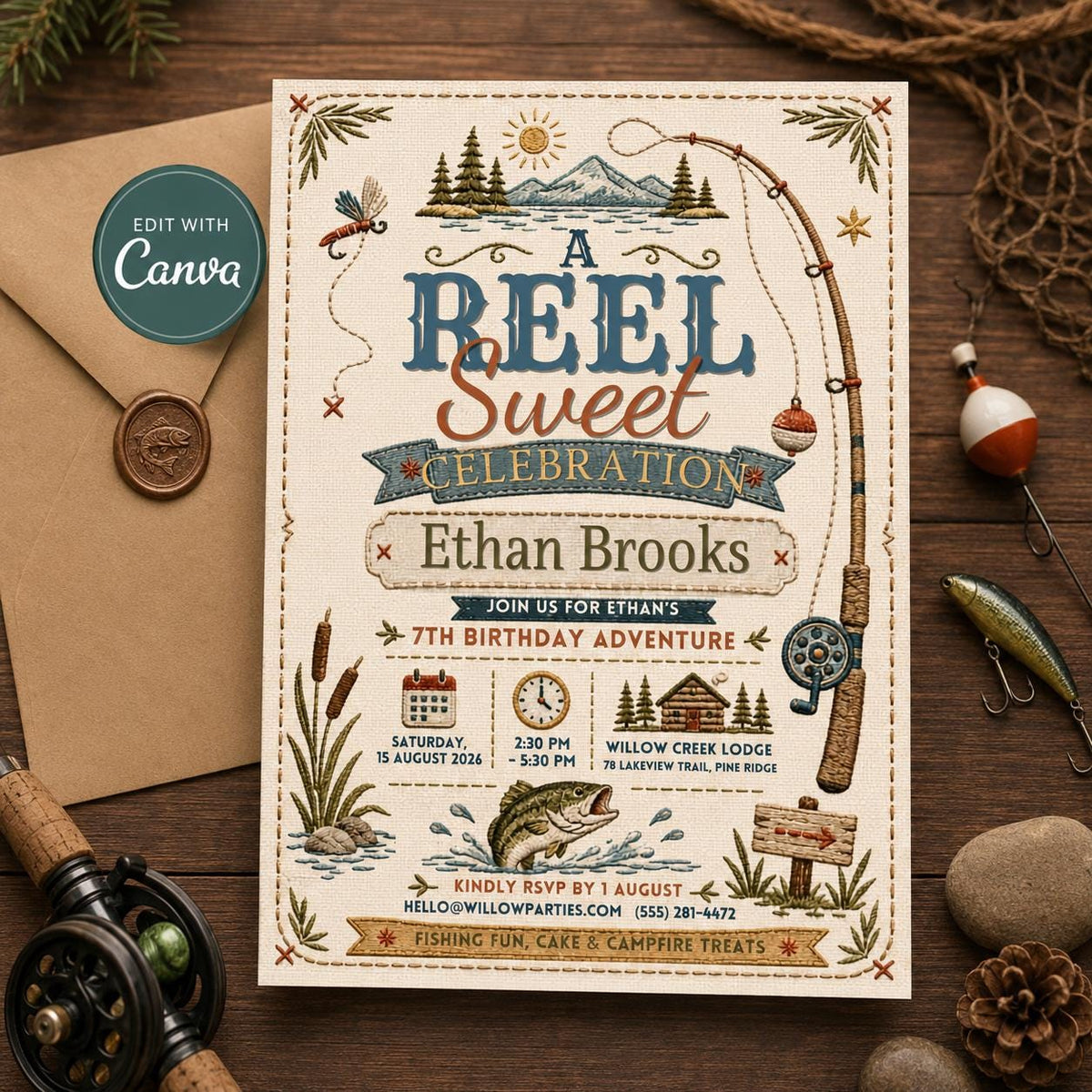 Fishing 7th Birthday Invitation — editable Canva template