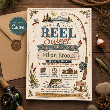 Fishing 7th Birthday Invitation — editable Canva template