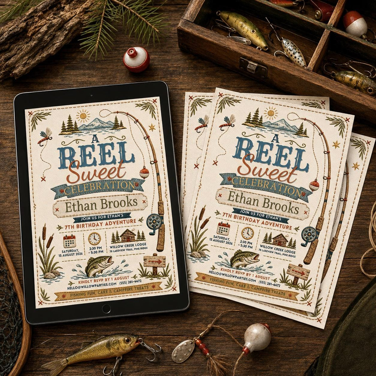 Fishing 7th Birthday Invitation — invitation you personalize in Canva