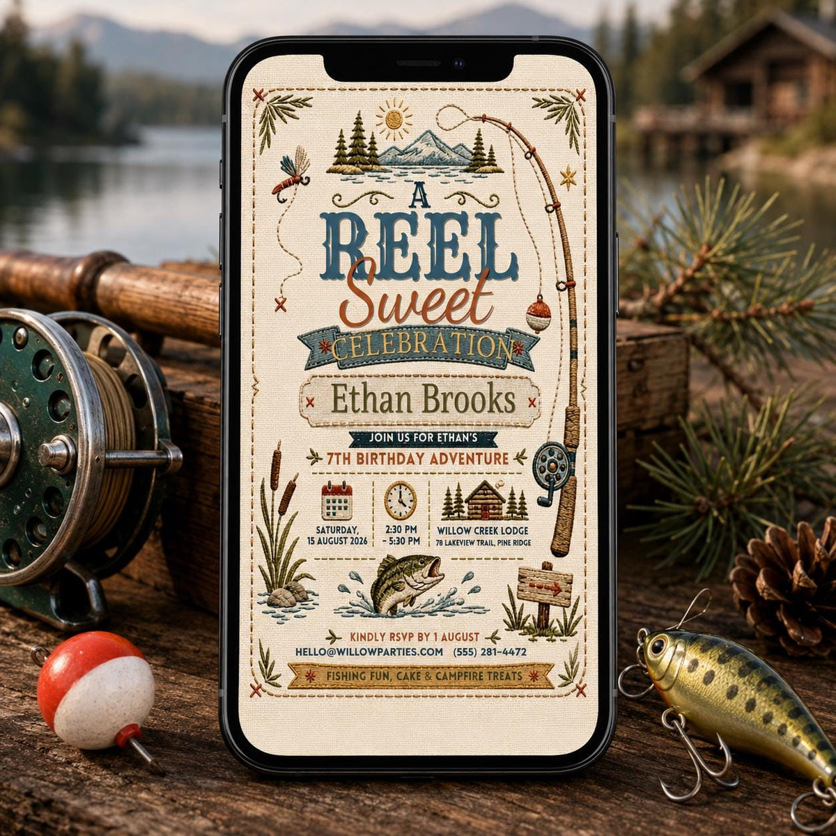 Fishing 7th Birthday Invitation — print-ready 7th birthday party design from VoltBy
