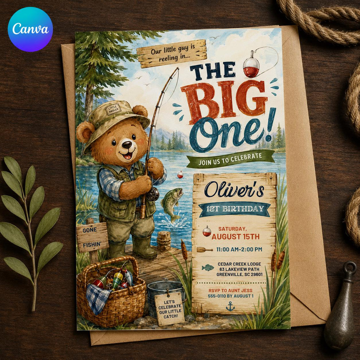 Fishing First Birthday Invitation for Boys — editable Canva template