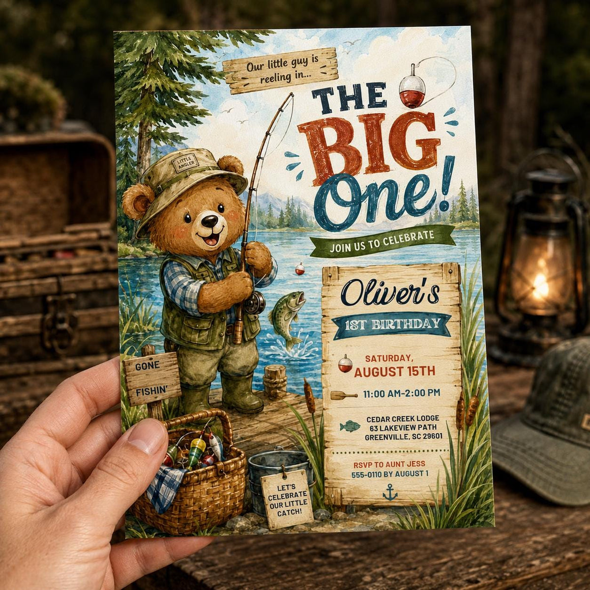 Fishing First Birthday Invitation for Boys — teddy bear design
