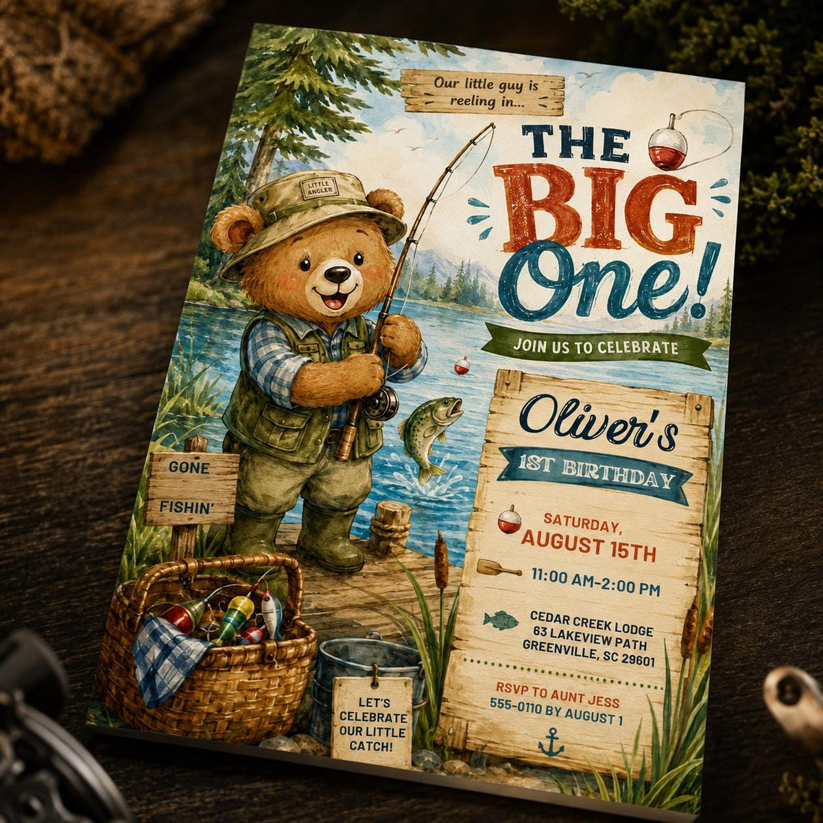Fishing First Birthday Invitation for Boys — print-ready first birthday design from VoltBy