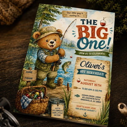 Fishing First Birthday Invitation for Boys — print-ready first birthday design from VoltBy