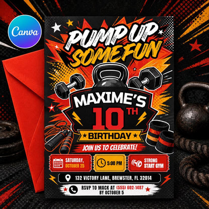 Fitness Gym Birthday Invitation — editable Canva template
