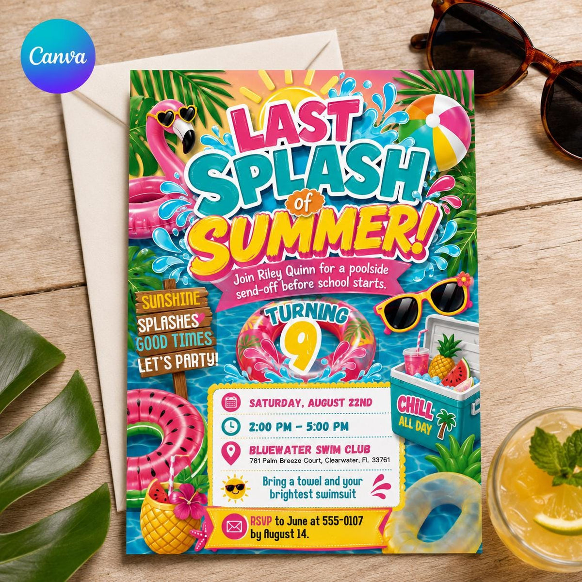 Flamingo 9th Birthday Pool Party Invitation — editable Canva template