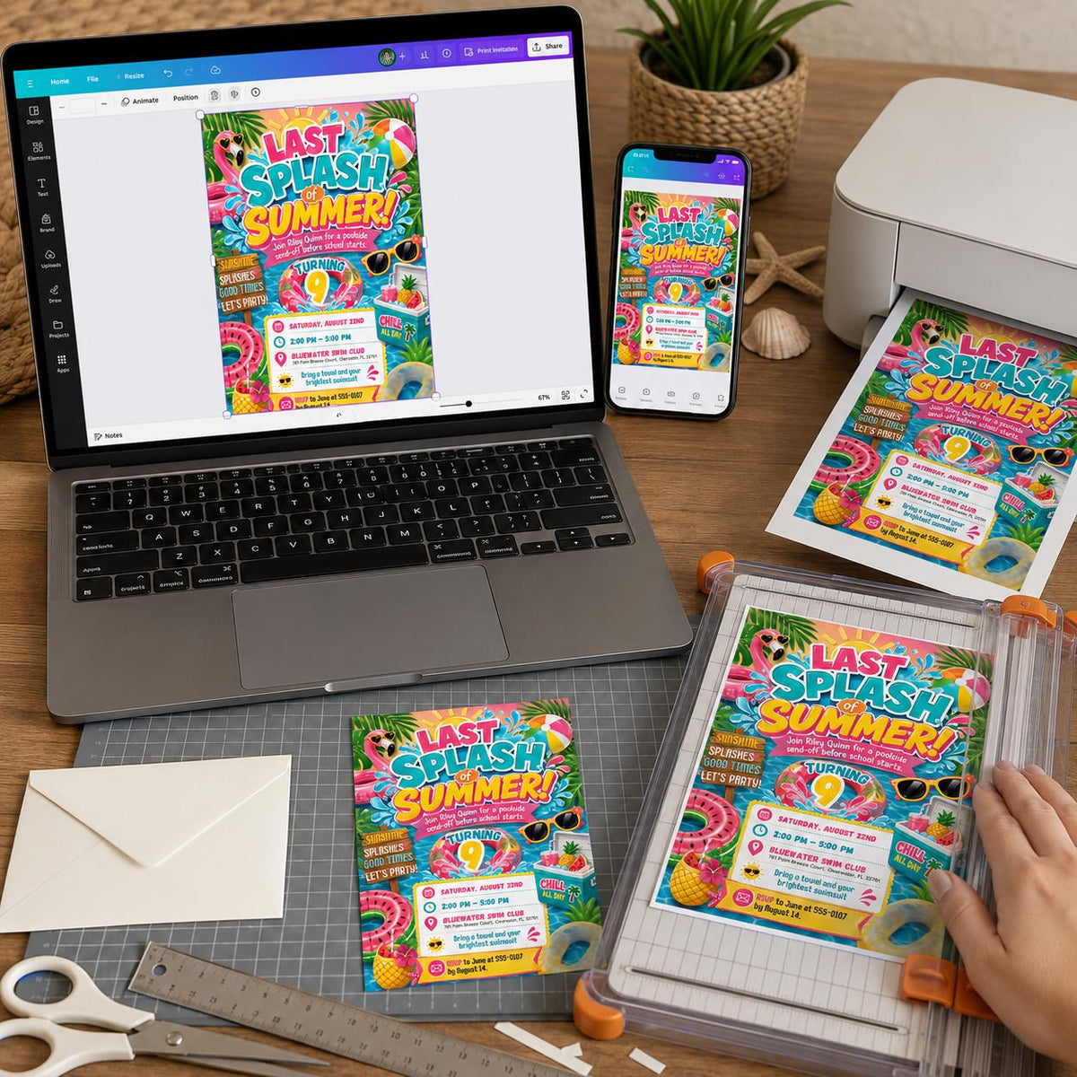 Flamingo 9th Birthday Pool Party Invitation — digital invitation, instant download