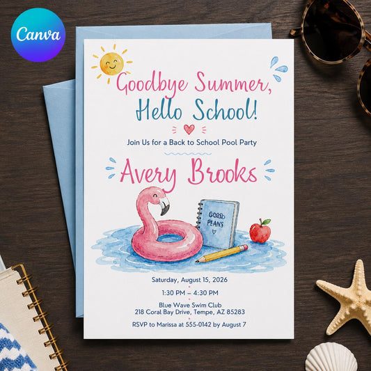 Flamingo Back to School Pool Party Invitation: Goodbye Summer Flamingo — editable Canva template