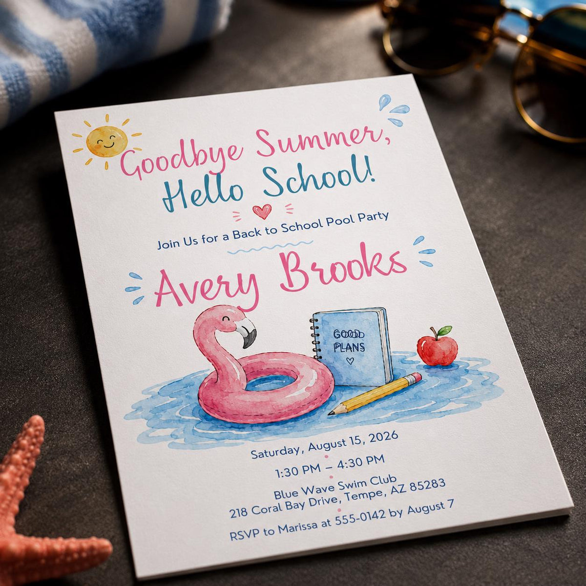 Flamingo Back to School Pool Party Invitation: Goodbye Summer Flamingo — invitation you personalize in Canva