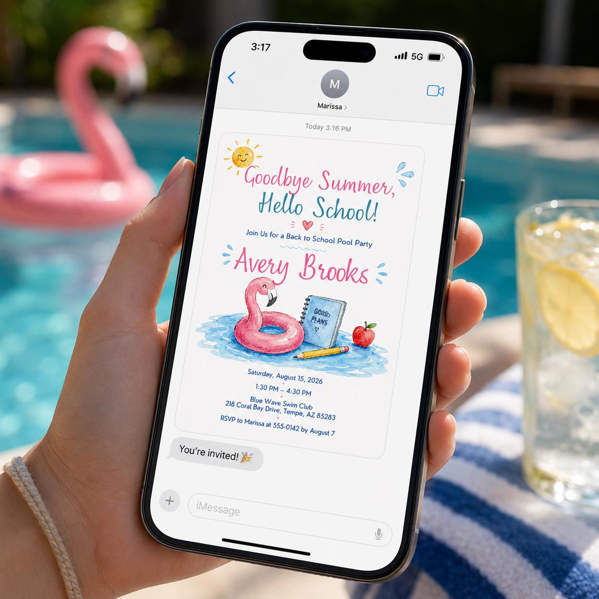 Flamingo Back to School Pool Party Invitation: Goodbye Summer Flamingo — print-ready back-to-school event design from VoltBy