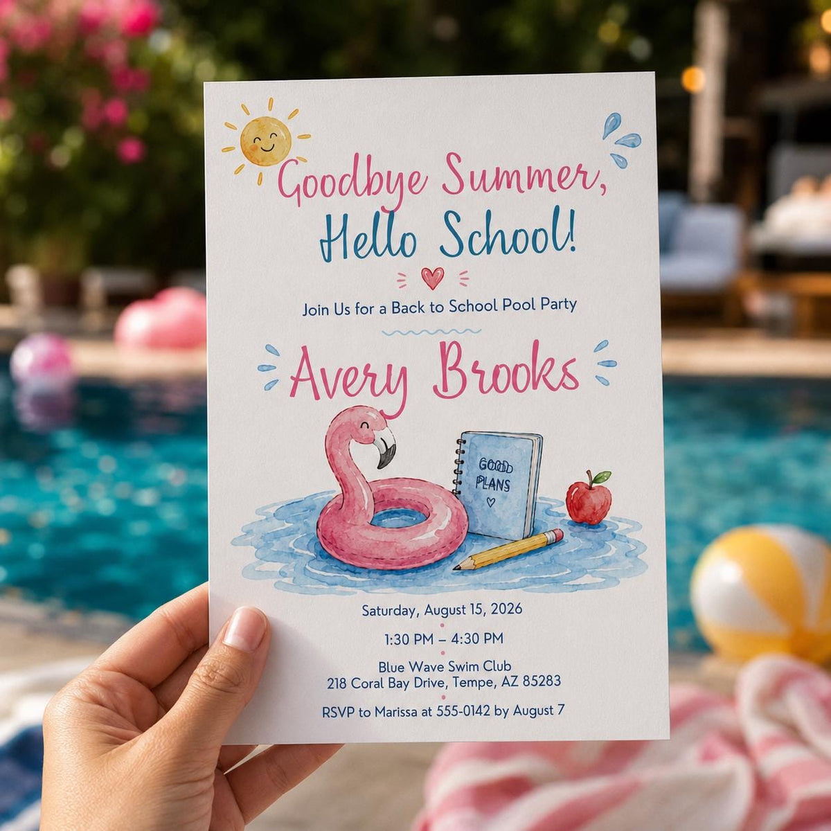 Flamingo Back to School Pool Party Invitation: Goodbye Summer Flamingo — digital invitation, instant download
