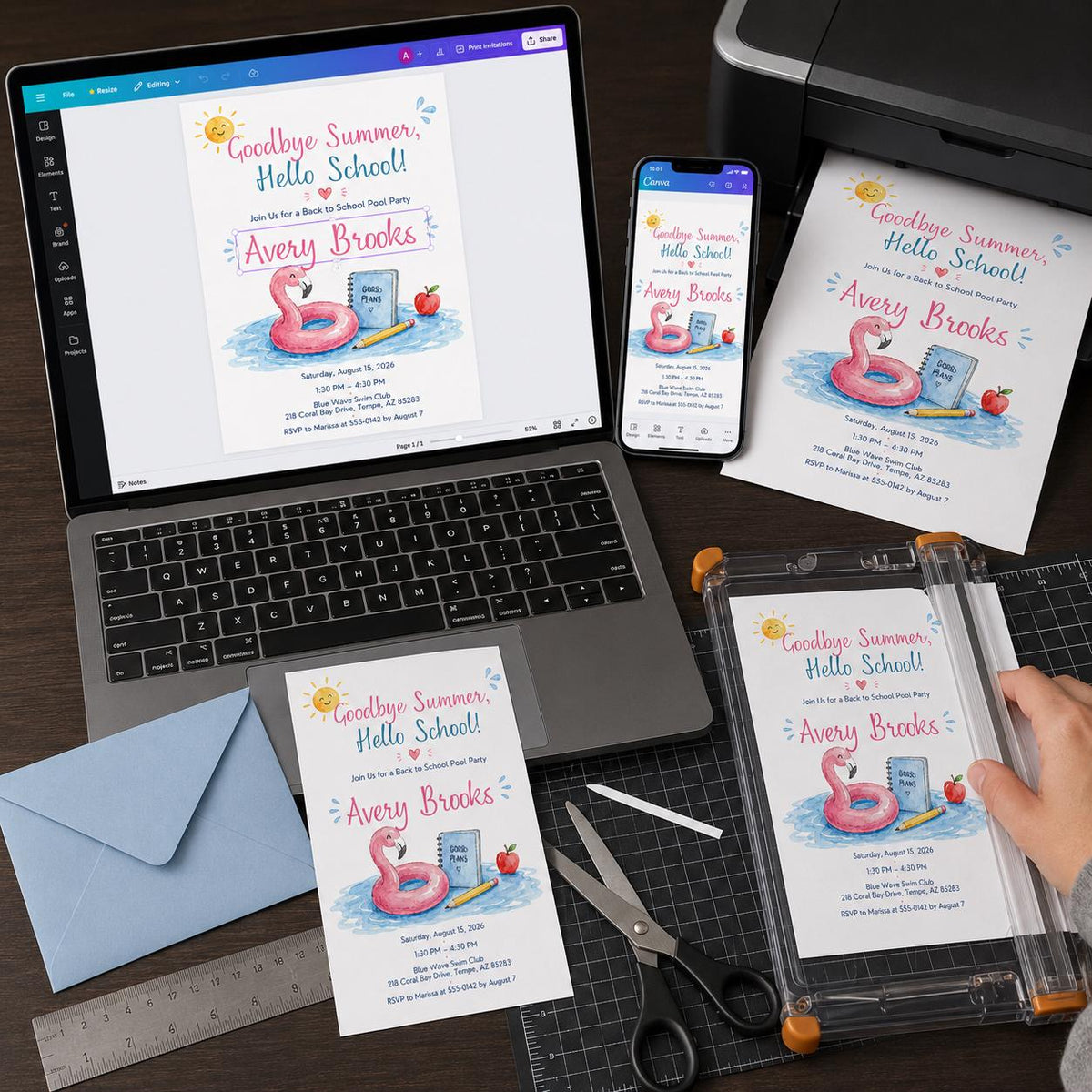 Flamingo Back to School Pool Party Invitation: Goodbye Summer Flamingo — back-to-school event stationery by VoltBy