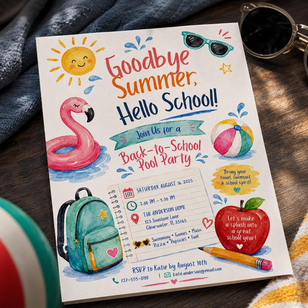 Flamingo Back to School Pool Party Invitation: Goodbye Summer Hello School — invitation you personalize in Canva