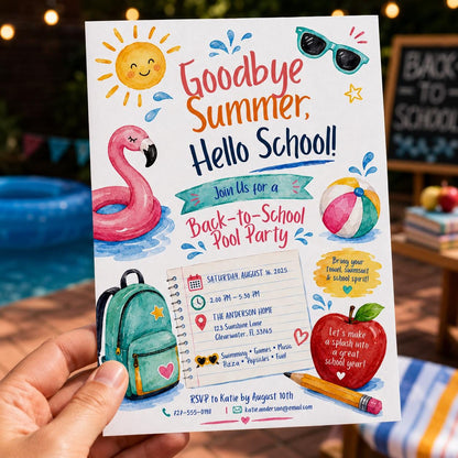 Flamingo Back to School Pool Party Invitation: Goodbye Summer Hello School — print-ready back-to-school event design
