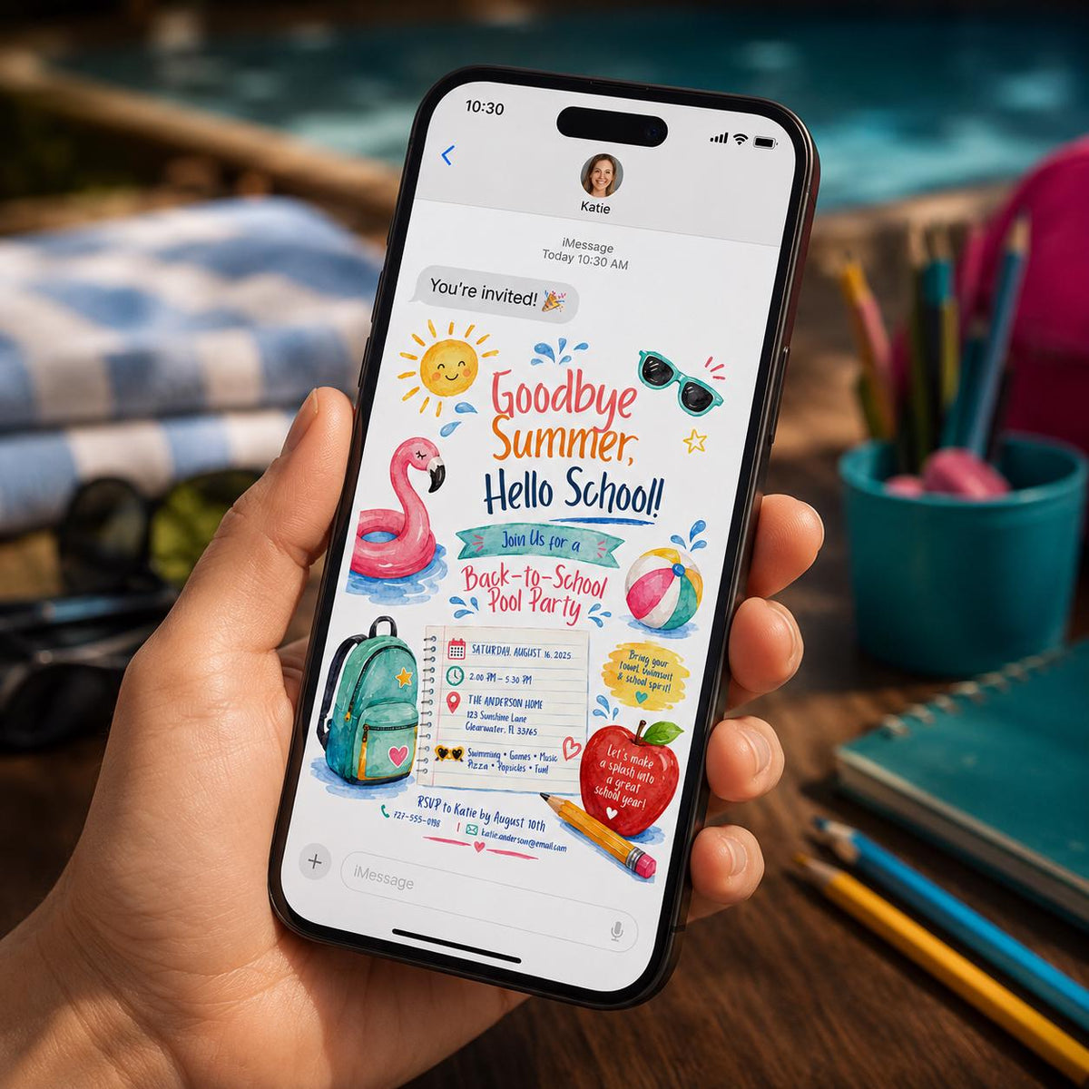 Flamingo Back to School Pool Party Invitation: Goodbye Summer Hello School — back-to-school event stationery by VoltBy