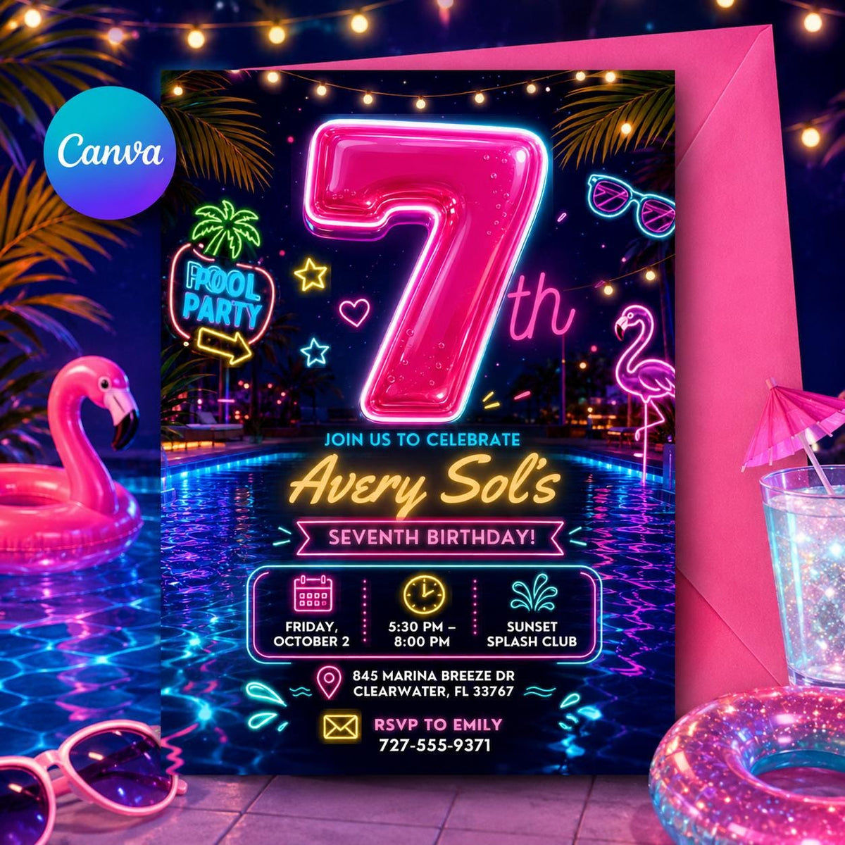 Flamingo Neon Pool Party Invitation: 7th Birthday Glow Swim — invitation you personalize in Canva