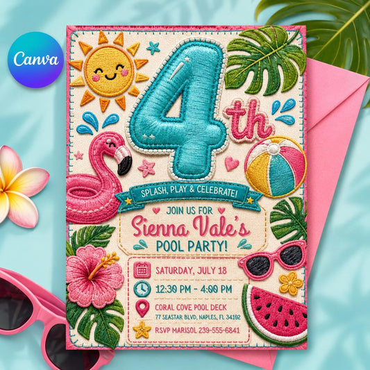 Flamingo Pool Party 4th Birthday Invitation for Girls — editable Canva template