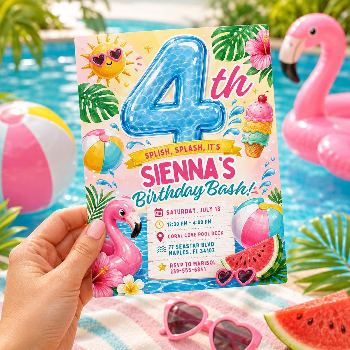 Flamingo Pool Party Birthday Invitation for Girls — digital invitation, instant download