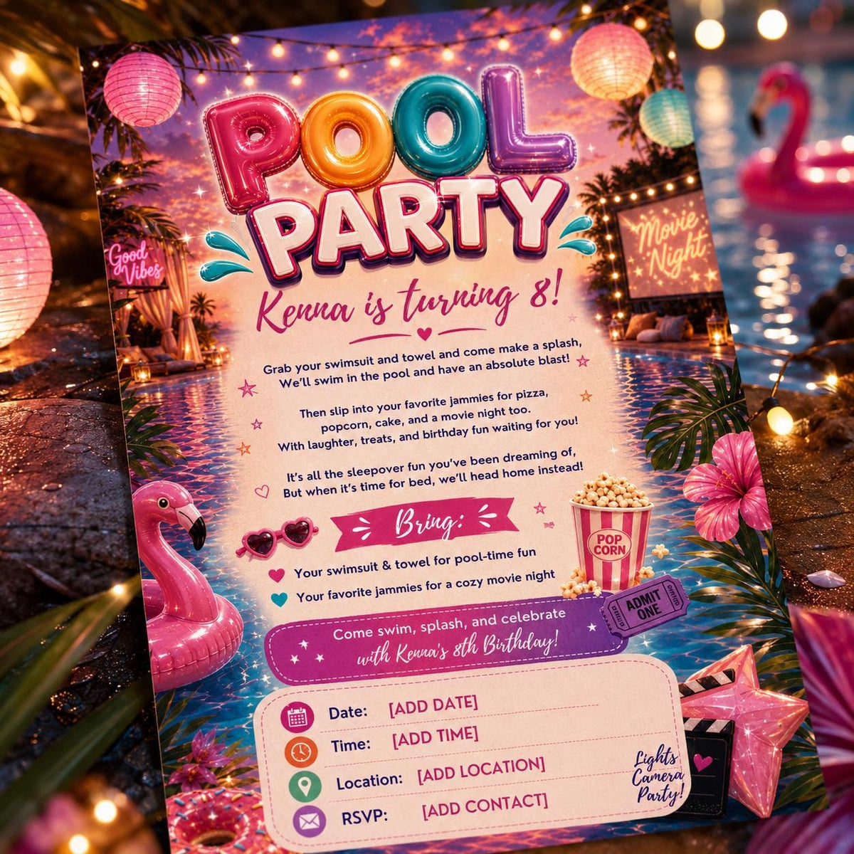 Flamingo Pool Party Movie Night Invitation — invitation you personalize in Canva
