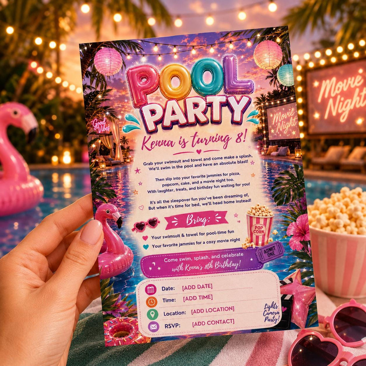 Flamingo Pool Party Movie Night Invitation — print-ready birthday party design from VoltBy