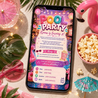 Flamingo Pool Party Movie Night Invitation — digital invitation, instant download
