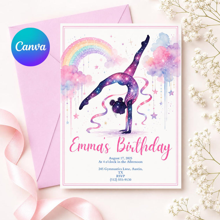 Flip, Build and Shine Gymnastics 5th Birthday Invitation