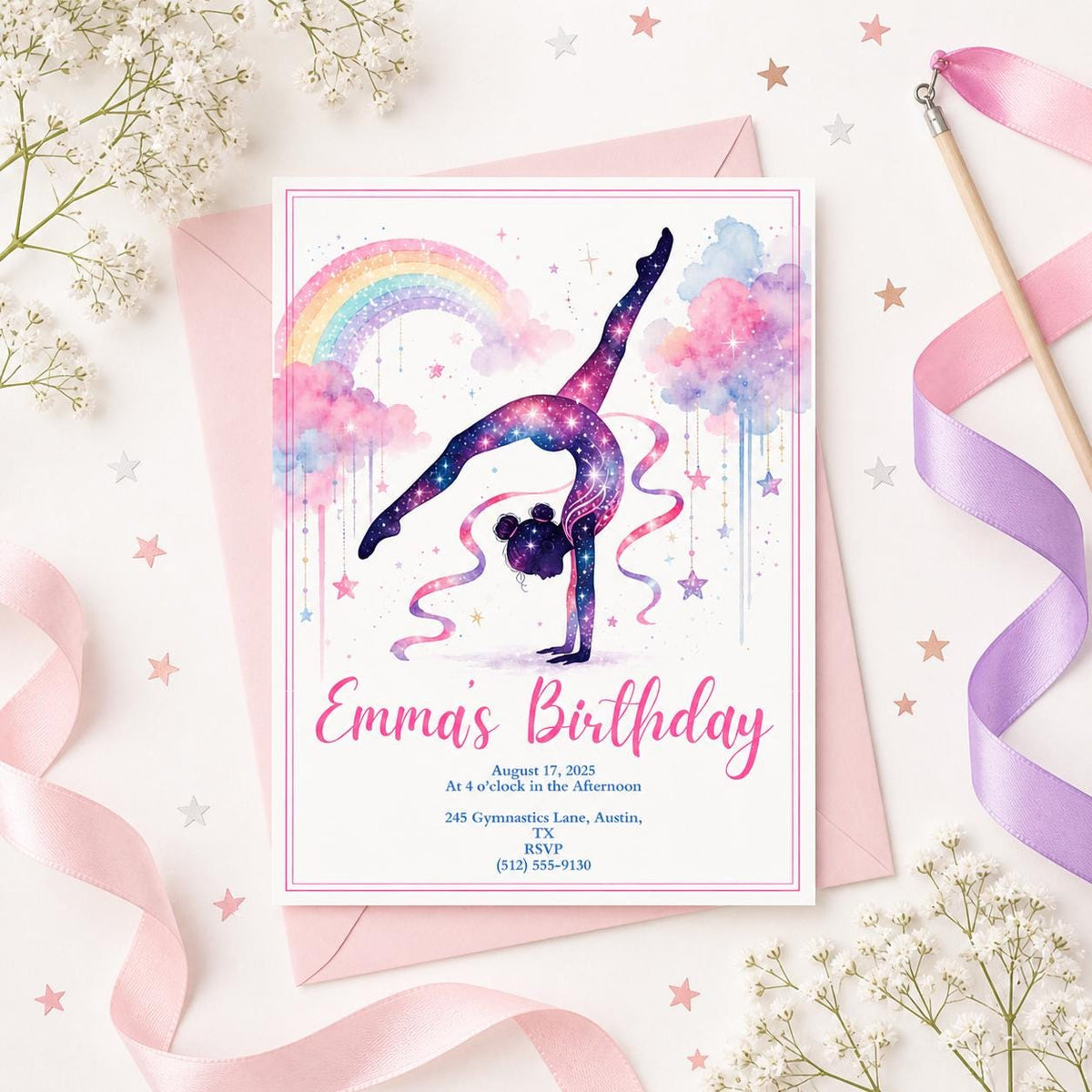 Flip Build and Shine Gymnastics 5th Birthday Invitation in pink purple
