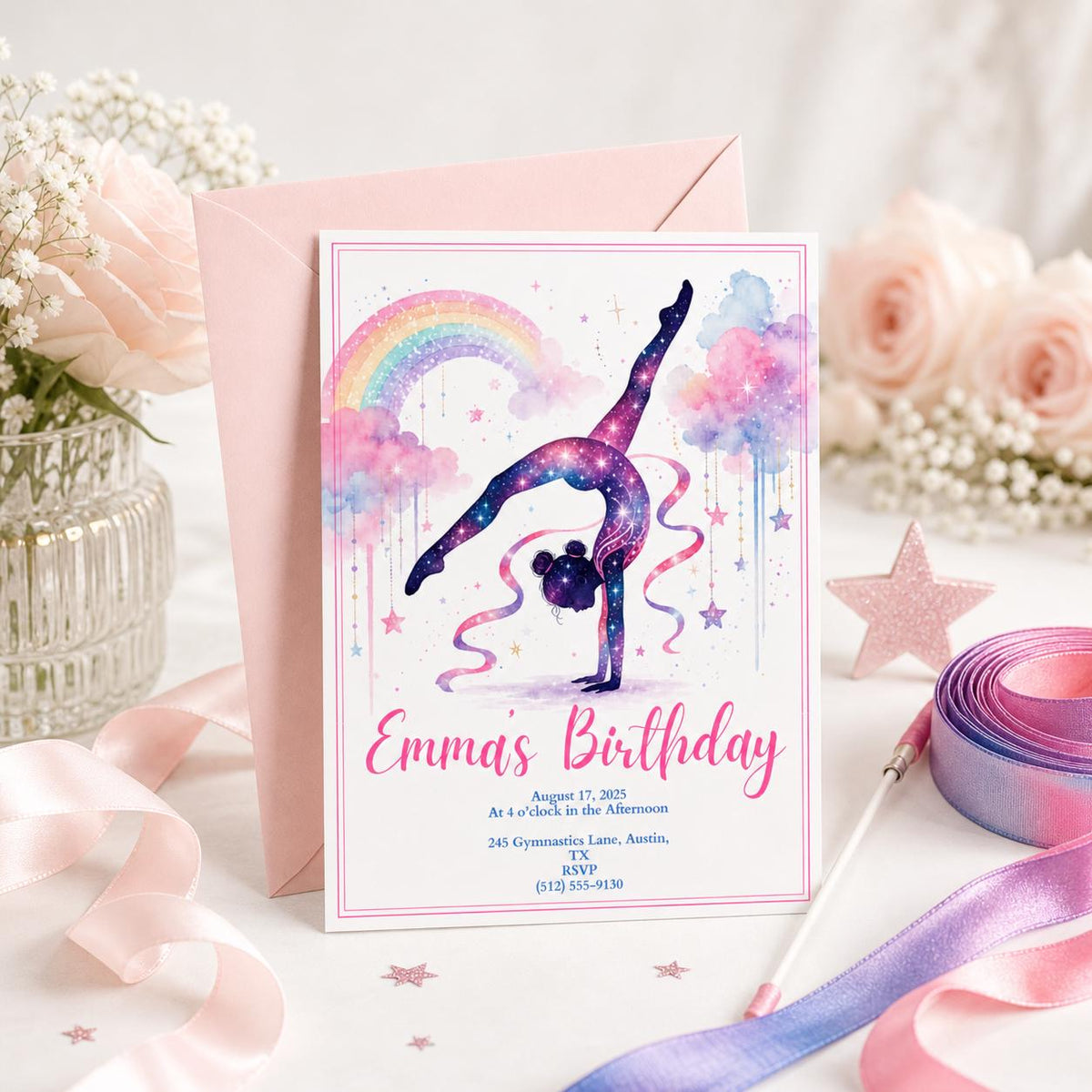 Flip Build and Shine Gymnastics 5th Birthday Invitation — building blocks design