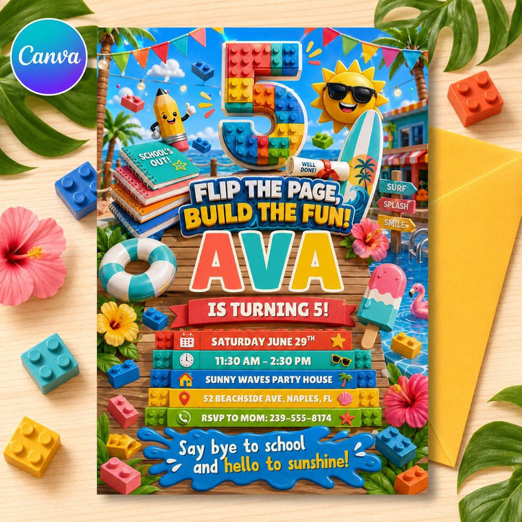 Flip the Page Build the Fun 5th Birthday Block Invitation