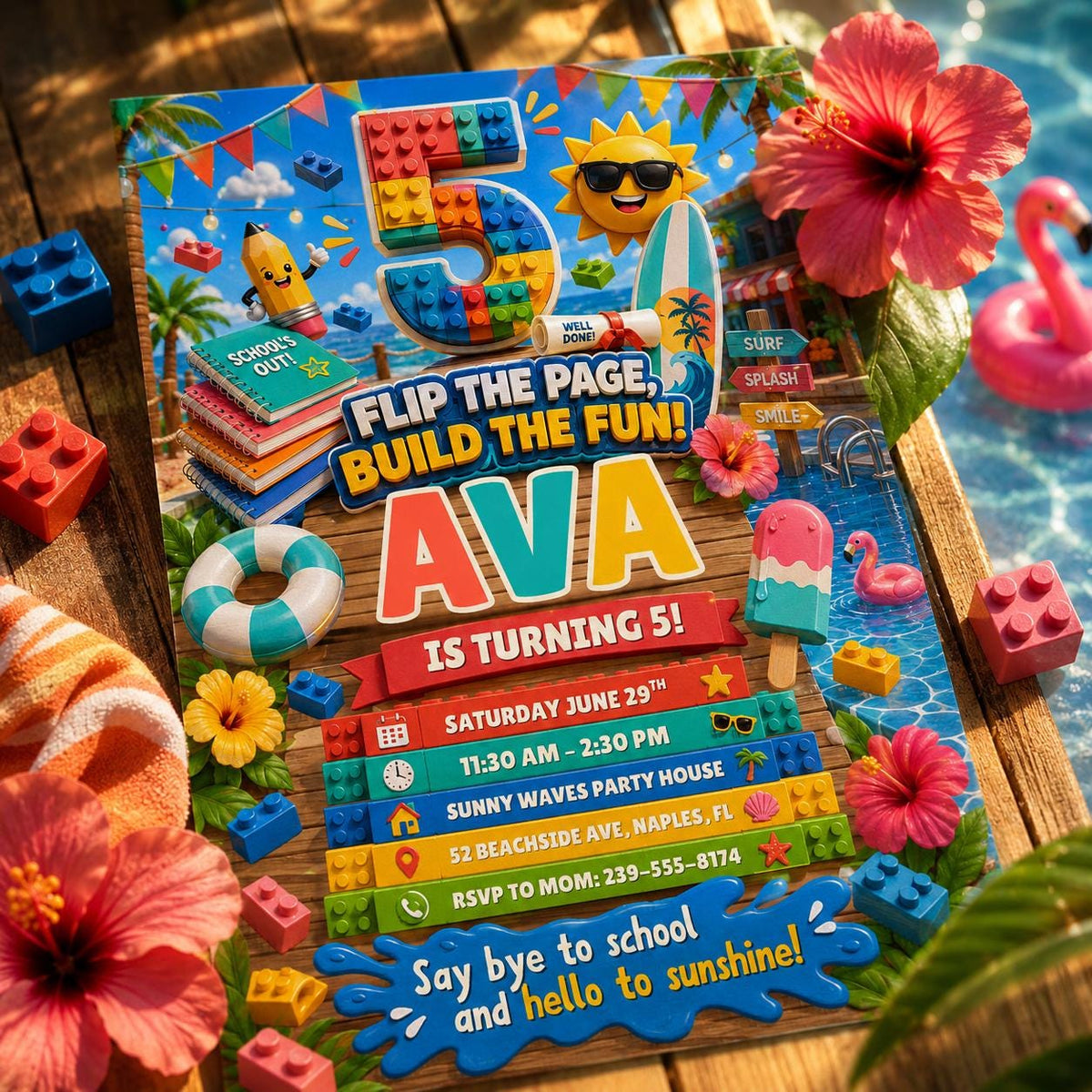 Flip the Page Build the Fun 5th Birthday Block Invitation — building blocks and beach design for a 5th birthday party