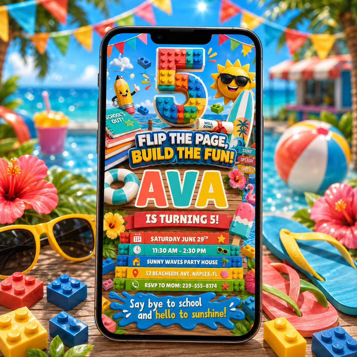Flip the Page Build the Fun 5th Birthday Block Invitation — editable Canva template for a 5th birthday party