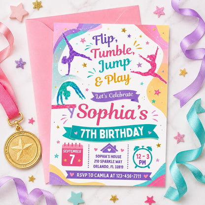 Flip Tumble Jump and Play Gymnastics 7th Birthday Invitation — invitation you personalize in Canva