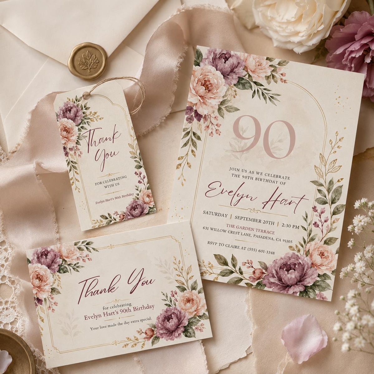 Floral 90th Birthday Invitation Bundle — editable Canva template
