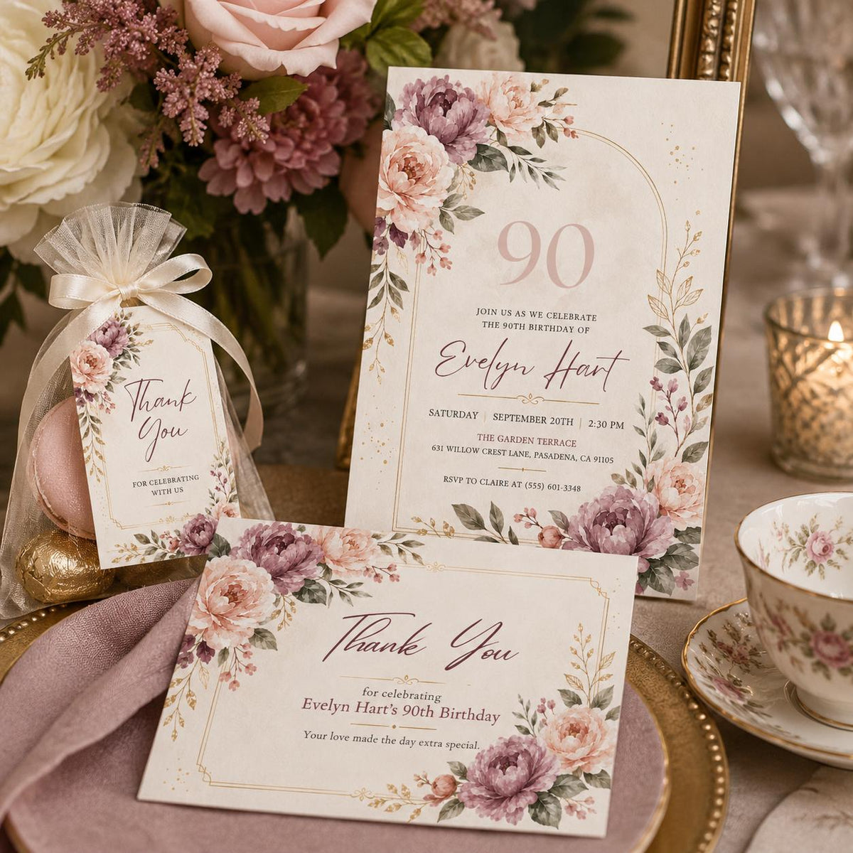 Floral 90th Birthday Invitation Bundle — invitation you personalize in Canva