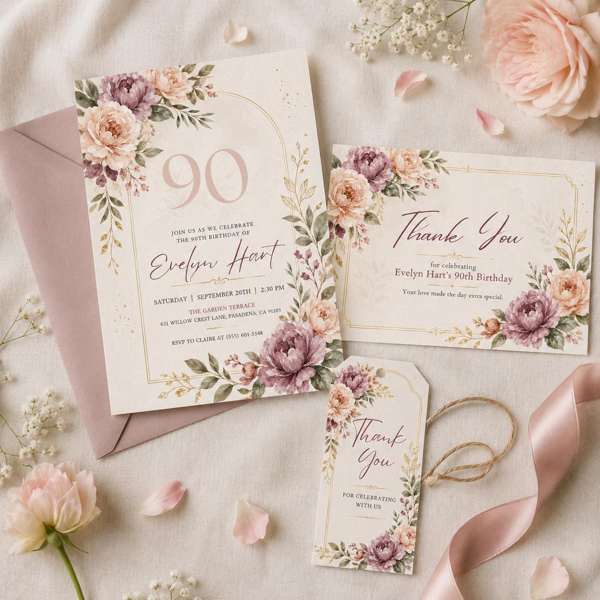 Floral 90th Birthday Invitation Bundle — digital invitation, instant download