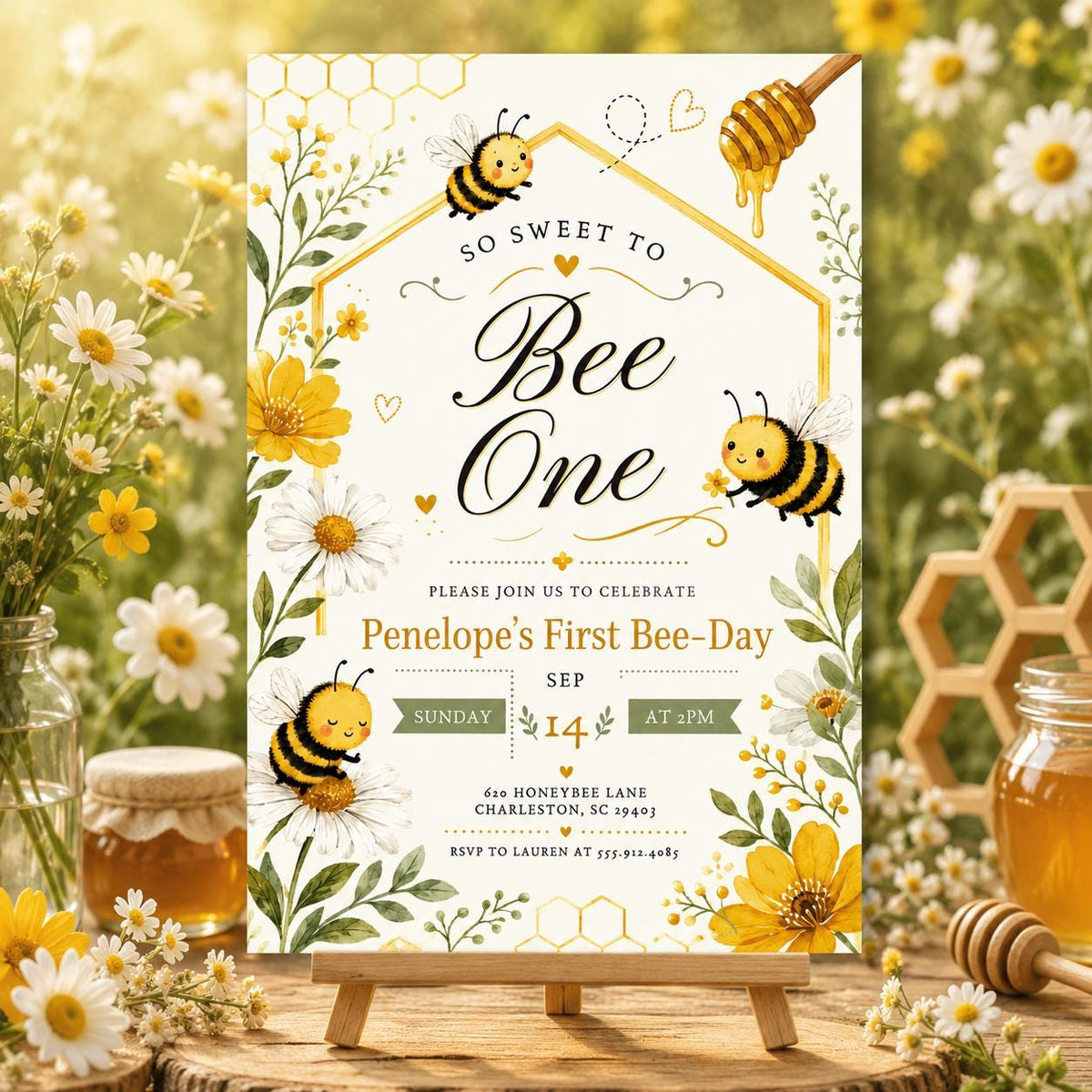 Floral Bee One Birthday Invitation for Girls — invitation you personalize in Canva