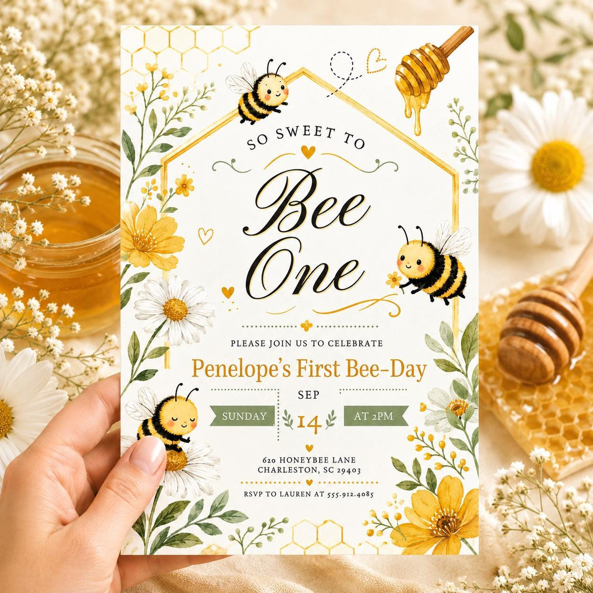 Floral Bee One Birthday Invitation for Girls — print-ready first birthday design from VoltBy