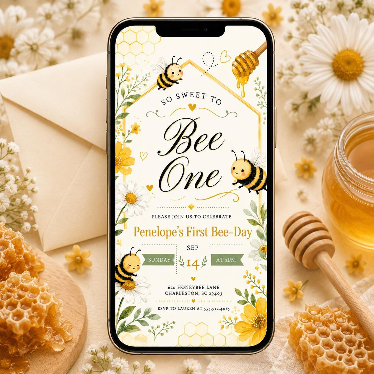Floral Bee One Birthday Invitation for Girls — digital invitation, instant download
