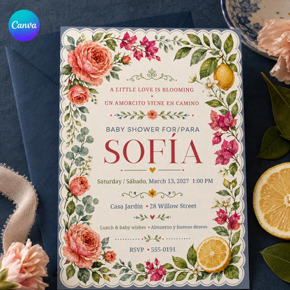 Floral Boho Bilingual Baby Shower Invitation — editable Canva template
