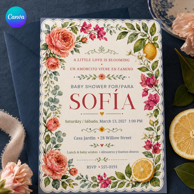 Floral Boho Bilingual Baby Shower Invitation