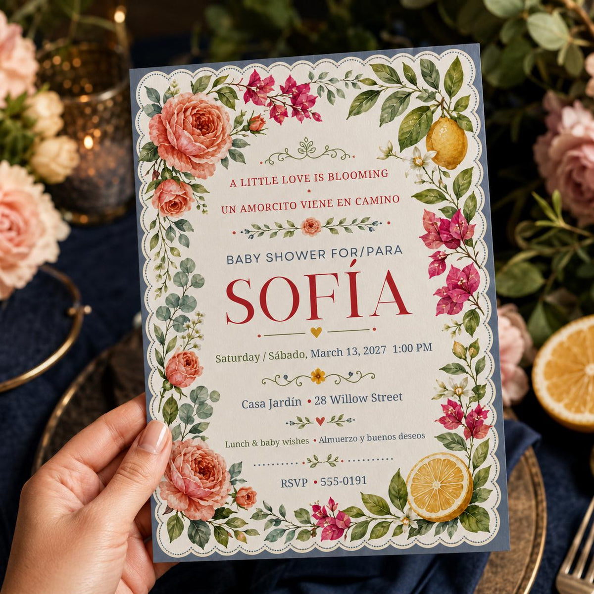 Floral Boho Bilingual Baby Shower Invitation — invitation you personalize in Canva
