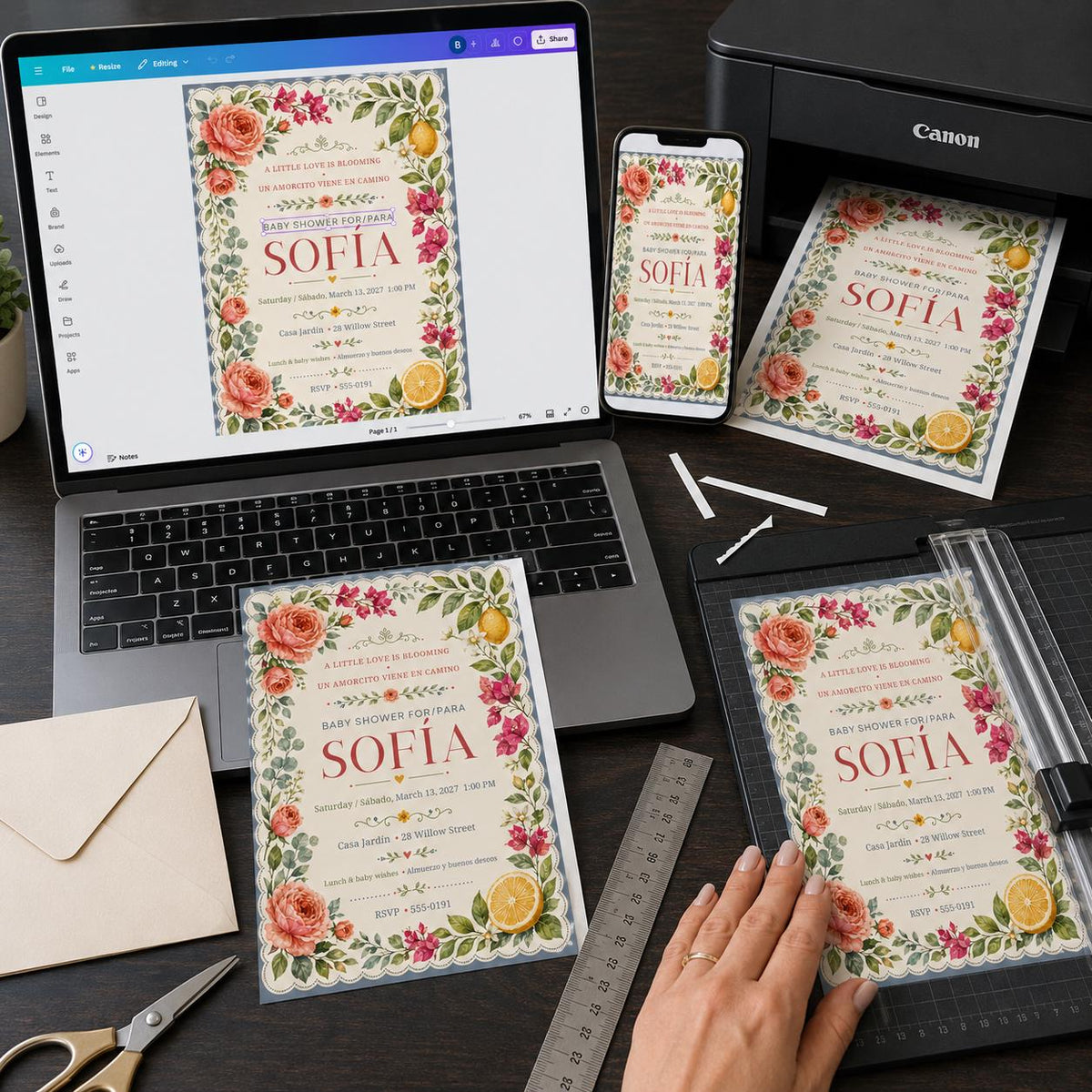 Floral Boho Bilingual Baby Shower Invitation — print-ready baby shower design from VoltBy
