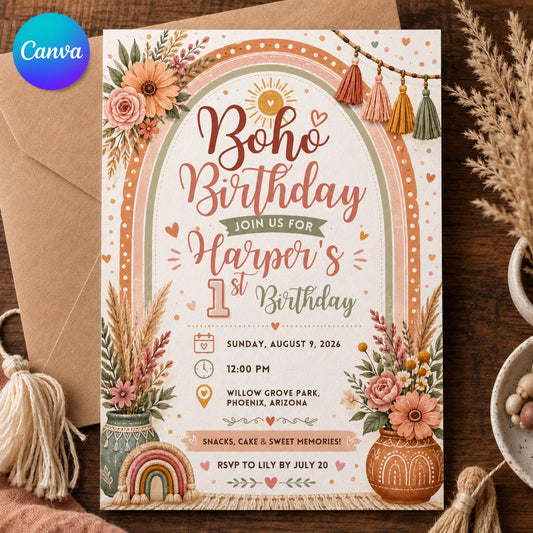 Floral Boho Rainbow First Birthday Invitation for Girls — editable Canva template