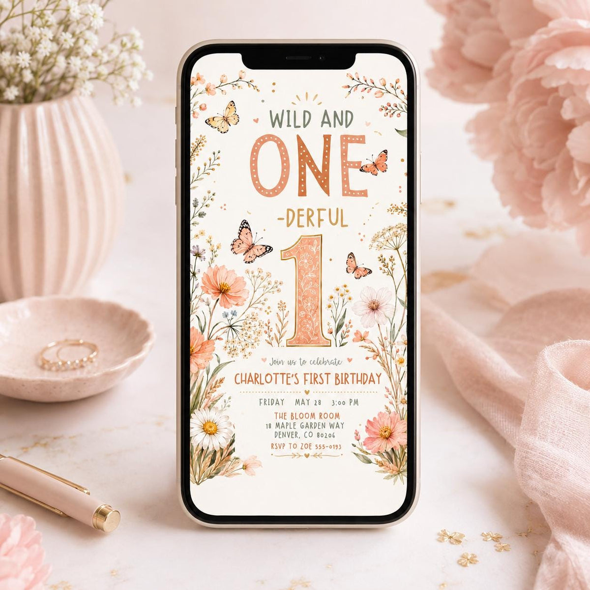 Floral Boho Wild One First Birthday Invitation for Girls — butterfly and wildflower design