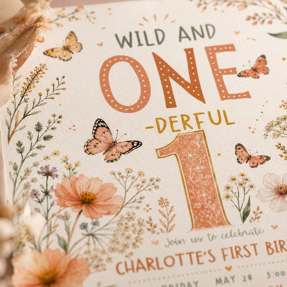 Floral Boho Wild One First Birthday Invitation for Girls — invitation you personalize in Canva