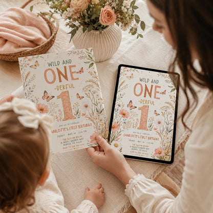 Floral Boho Wild One First Birthday Invitation for Girls — print-ready first birthday design from VoltBy