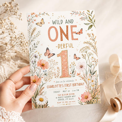 Floral Boho Wild One First Birthday Invitation for Girls — digital invitation, instant download